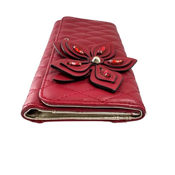 Guess Womens Red Quilted Wallet With Decorative Flower & Rhinestone Accents - Picture 3 of 15